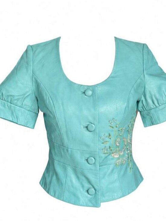 Spiegel Jackets & Blazers - Vintage turquoise blue leather button down blouse/jacket with puff sleeves